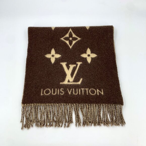 Louis Vuitton Deep Brown Monogram All-Over Print Cashmere Fringe Scarf - Picture 1 of 8